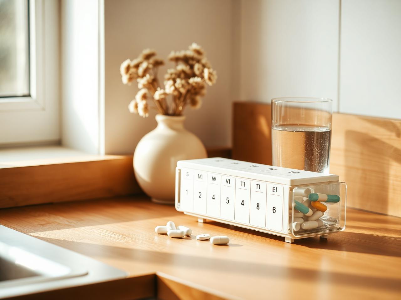Medikamentendosierer und ein Glas Wasser auf einem Tisch