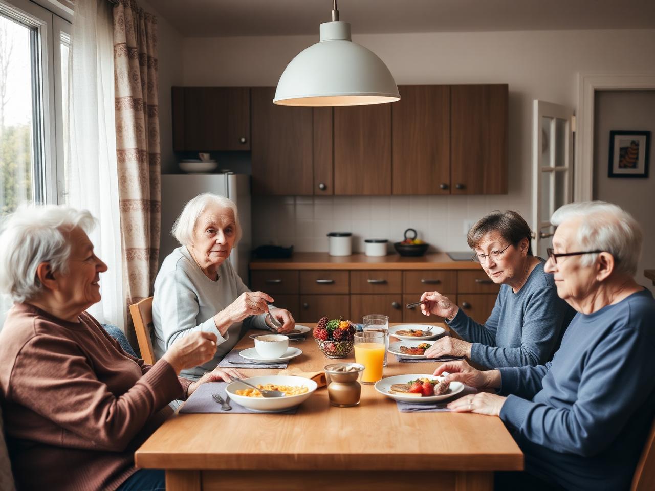 Bewohnerinnen und Bewohner einer Wohngemeinschaft frühstücken zusammen