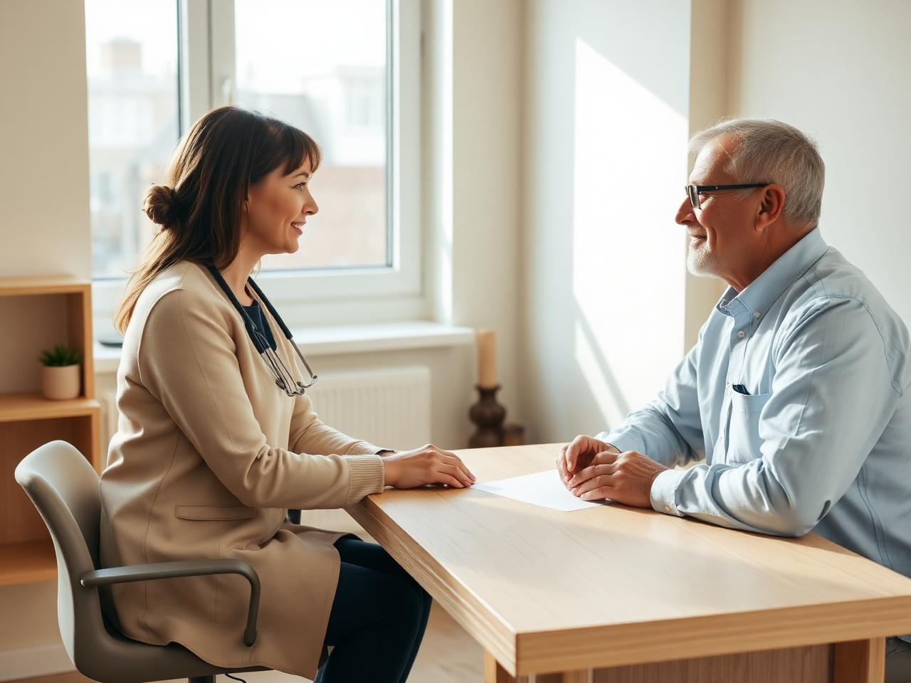 Ärztin im ruhigen Gespräch mit einem älteren Patienten