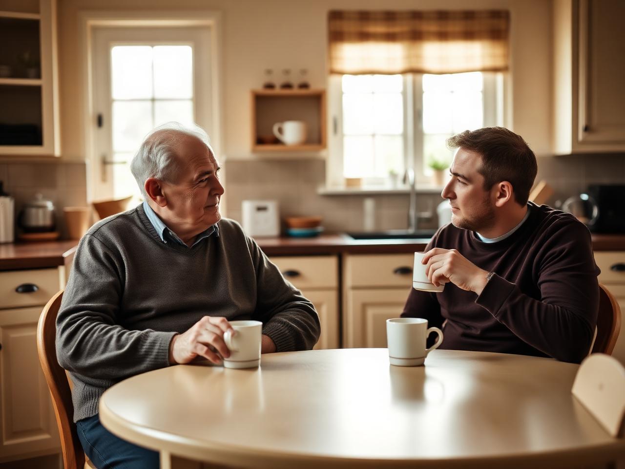 Vater und Sohn sprechen am Küchentisch miteinander