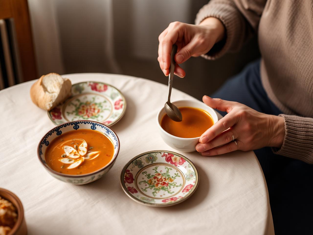 Gedeckter Tisch mit einer Suppe in einer hellen Küche