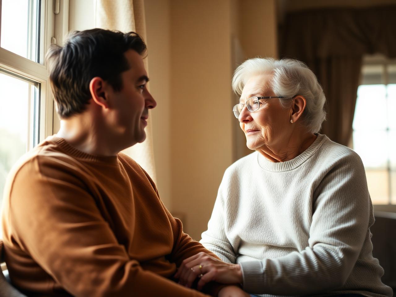 Sohn hört seiner Mutter aufmerksam zu