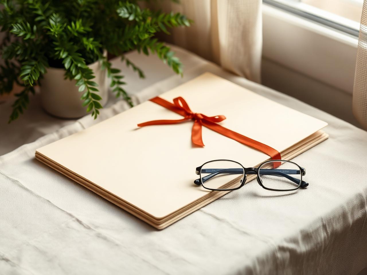Dokumentenmappe mit Brille und Stift auf einem Tisch
