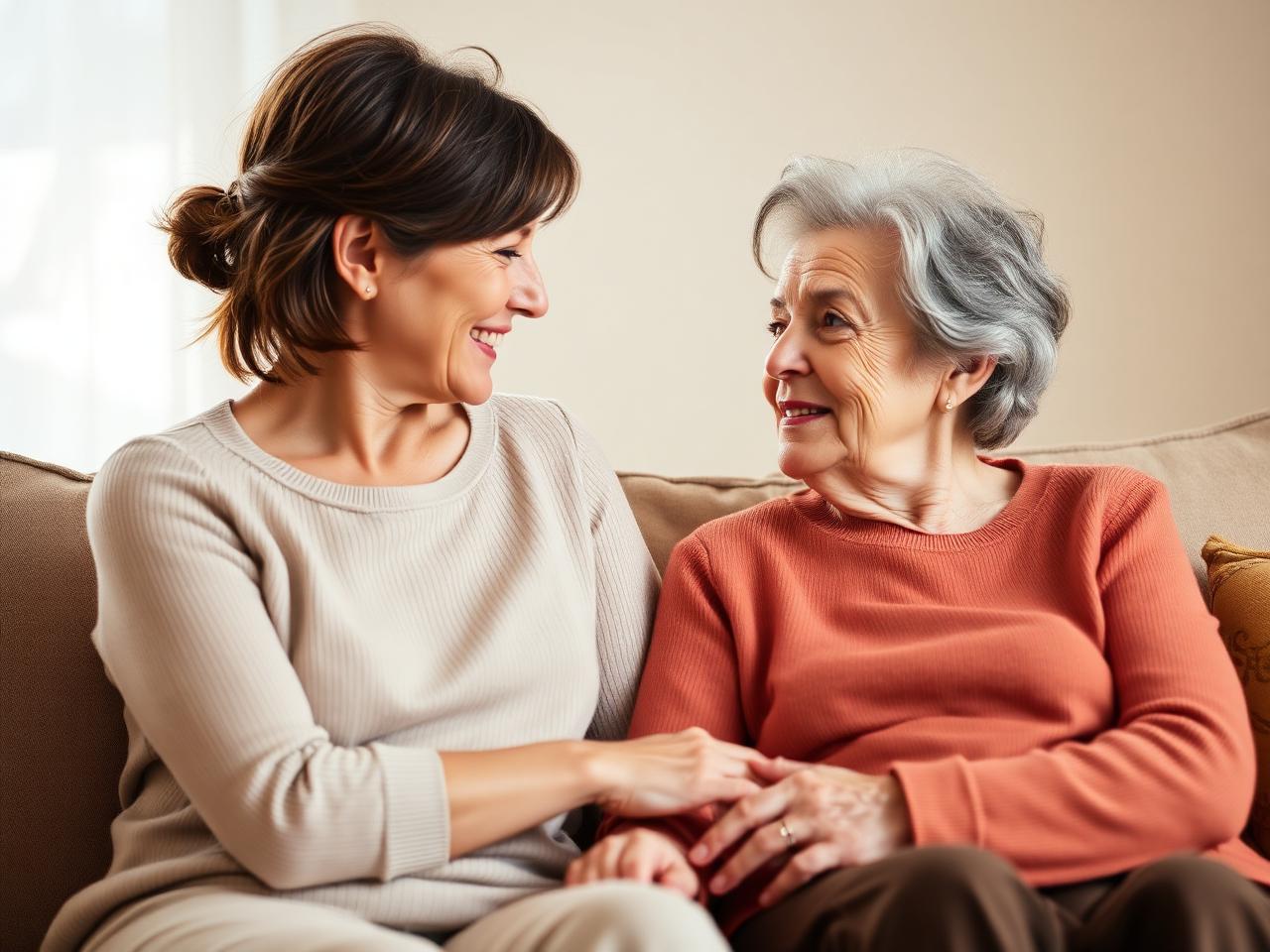 Tochter im Gespräch mit ihrer älteren Mutter auf dem Sofa