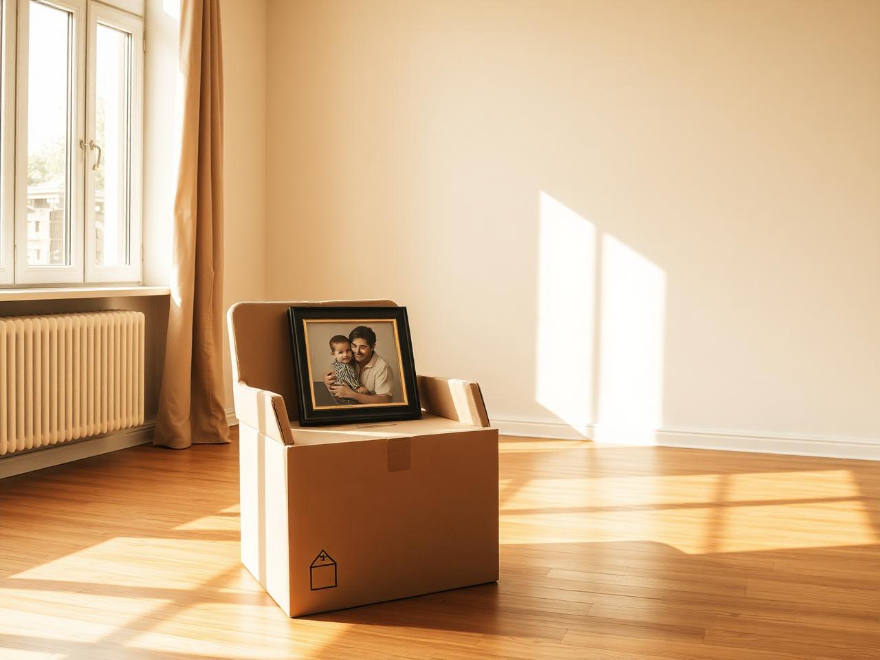 Umzugskarton und Familienfoto in einem sonnigen Zimmer